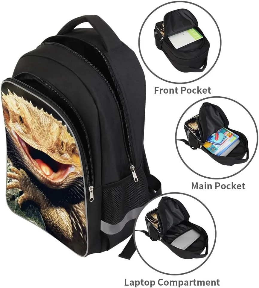 Double Layer School Backpack Lizard Printed Bookbag Animal Laptop Bag Student Back Pack