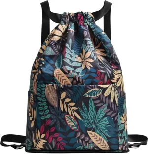 Drawstring Backpack waterproof Gym Bag, Foldable Large Capacity Dry-Wet Separation Travel Sports Drawstring bags (Leaf)