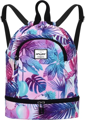 Dry Wet Drawstring Backpack with Shoe Compartment for Women Adjustable Gym Bag