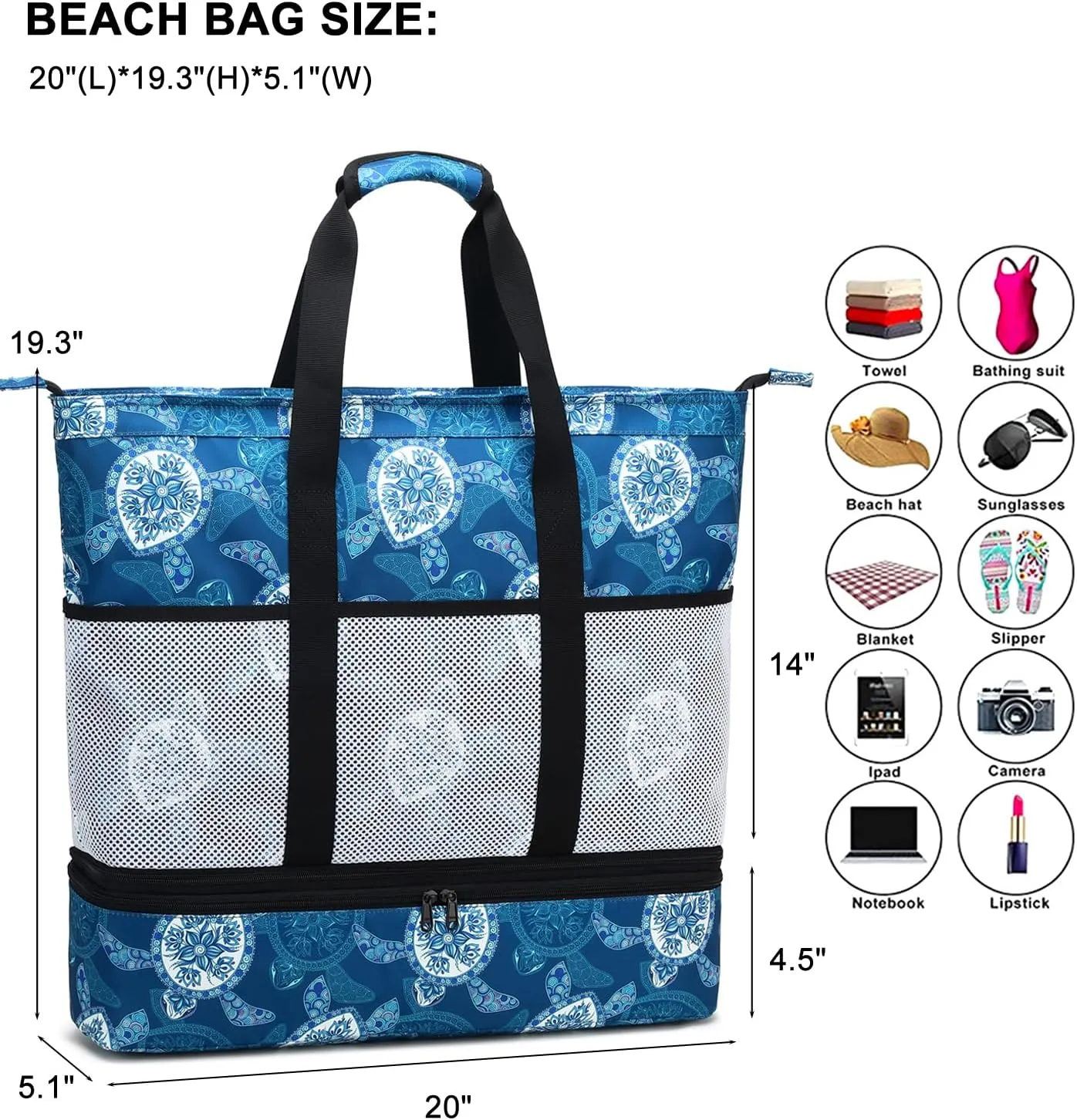 DSIUE Beach Bags with Cooler - Waterproof Sandproof Tote for Women - Large Pool Gym Travel Bag