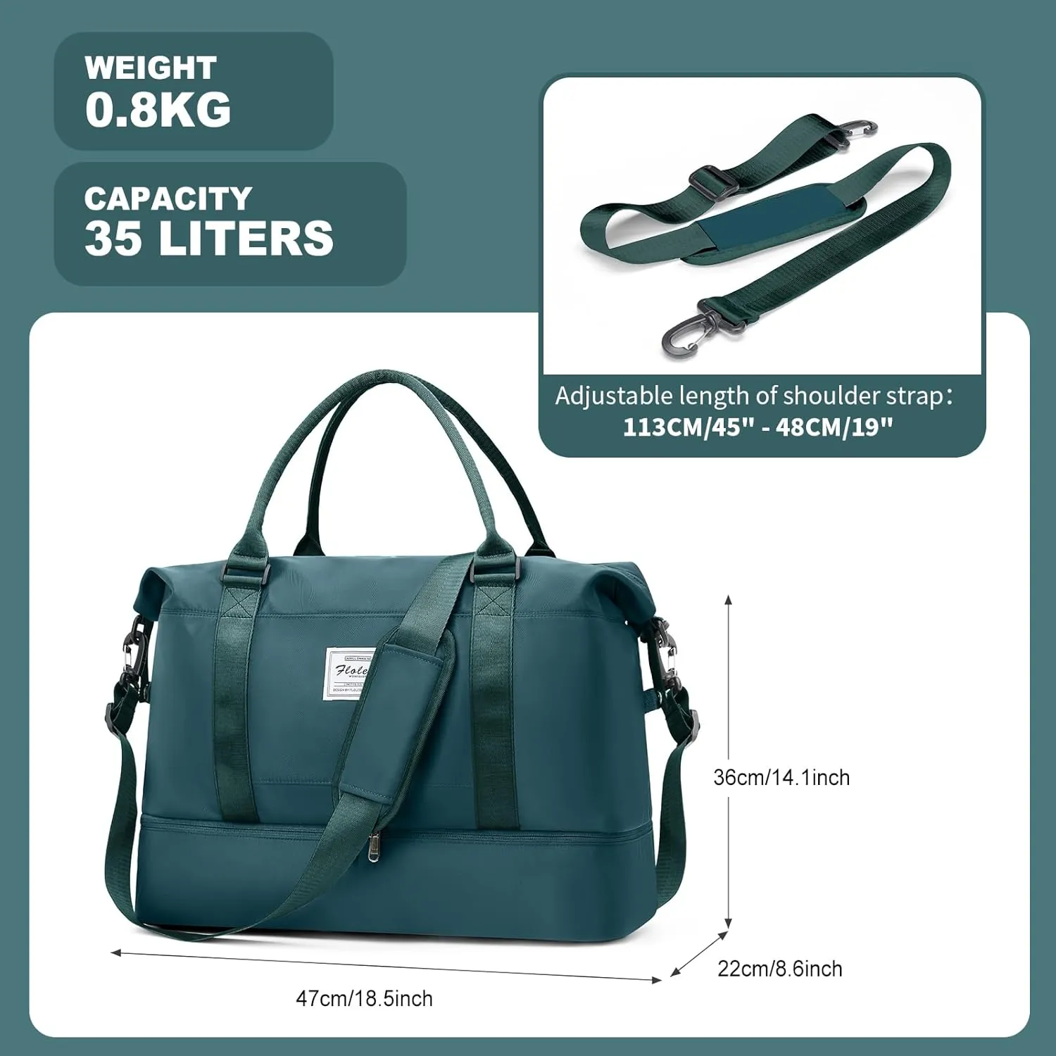Duffel Bag, Women's Weekender Bag with Shoe Compartment, Peacock Blue Travel Bag, Carry on Overnight Tote for Airline Personal Item, 30L