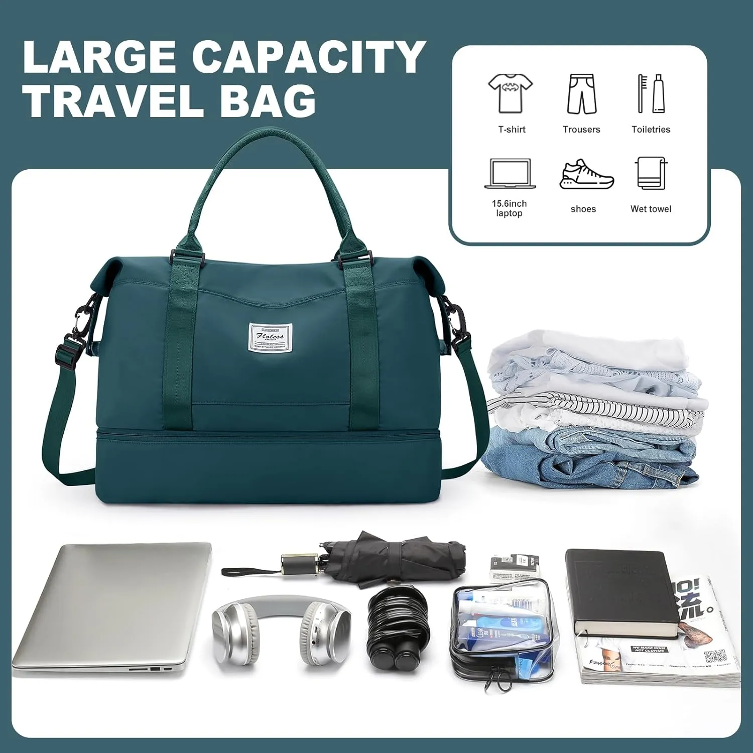 Duffel Bag, Women's Weekender Bag with Shoe Compartment, Peacock Blue Travel Bag, Carry on Overnight Tote for Airline Personal Item, 30L