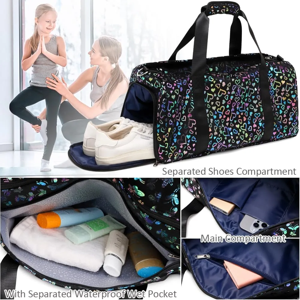 Duffle Bag for Girls Fluffy Dance Bag for Girls Ballet Bag Girls Sports Gym Bag Water Resistant Travel Duffle Bags with Shoes Compartment Wet Pocket