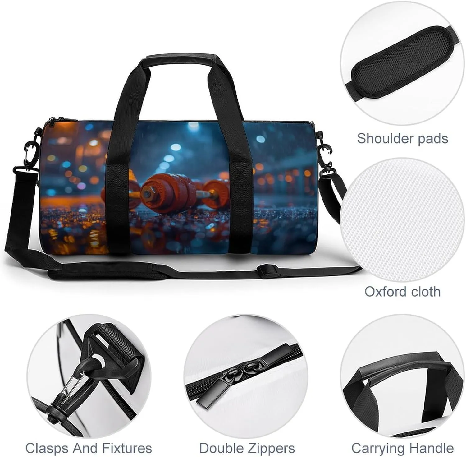 Dumbbells on A Gym Floor Travel Gym Bag for Women Men Sports Cylindrical Duffle Bag Sport Workout Bag with Shoulder Strap