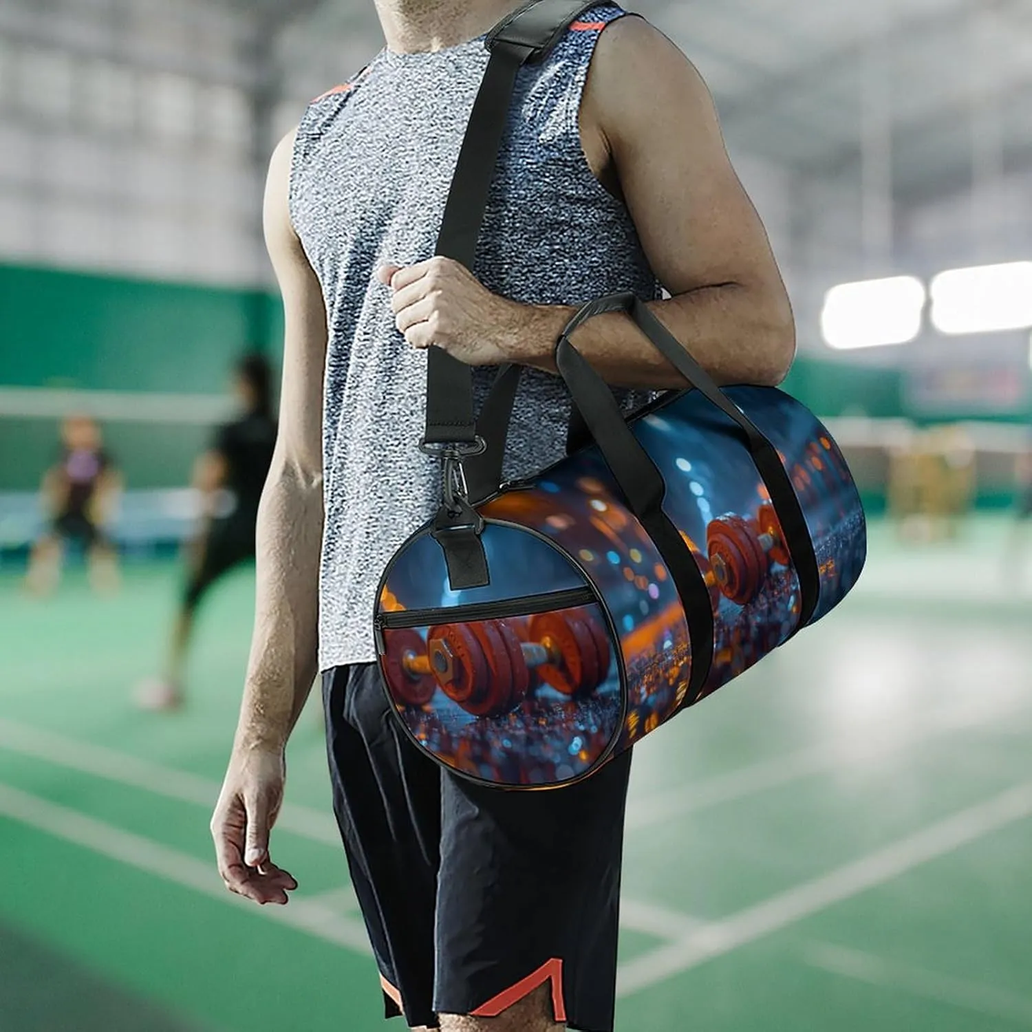 Dumbbells on A Gym Floor Travel Gym Bag for Women Men Sports Cylindrical Duffle Bag Sport Workout Bag with Shoulder Strap