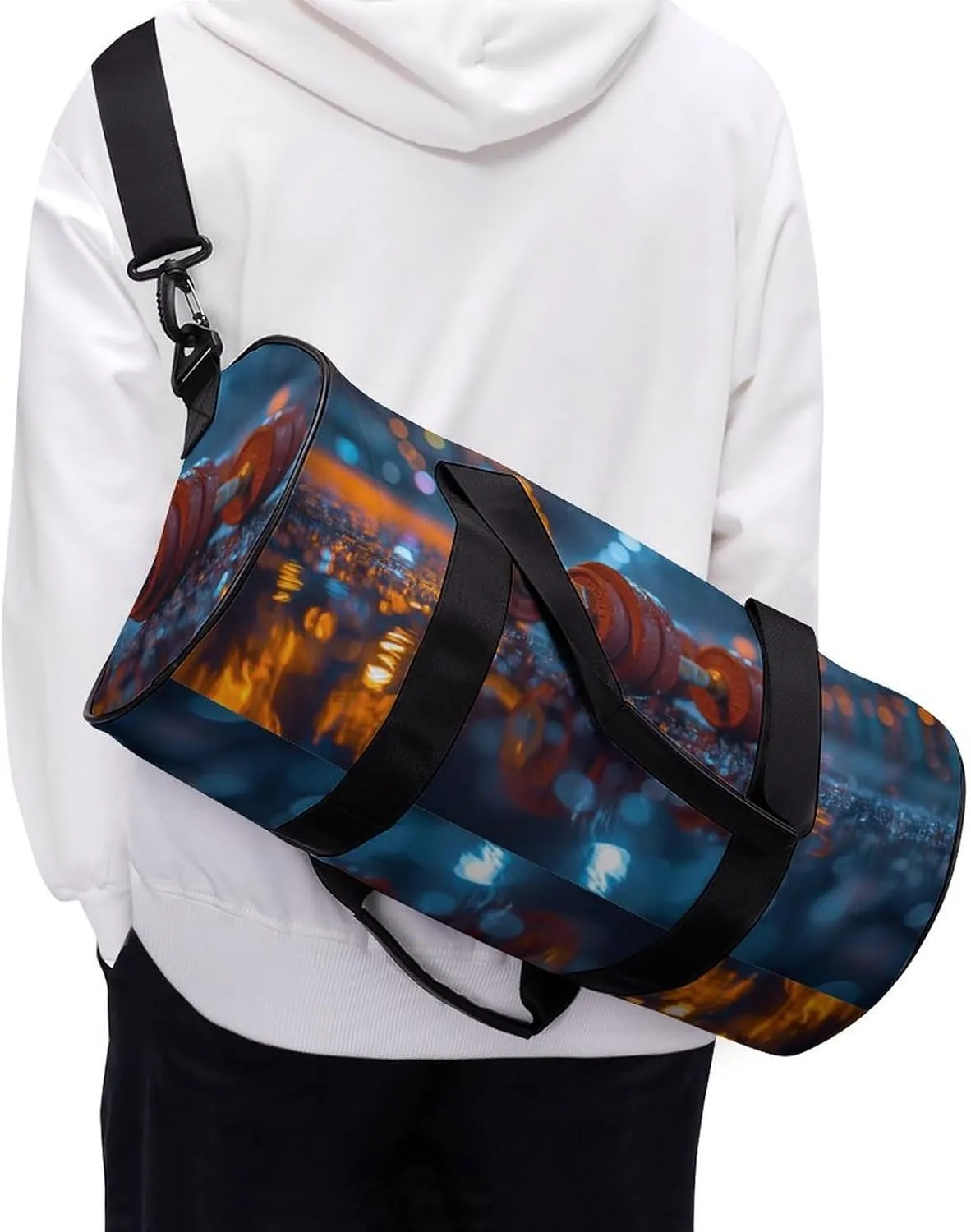 Dumbbells on A Gym Floor Travel Gym Bag for Women Men Sports Cylindrical Duffle Bag Sport Workout Bag with Shoulder Strap