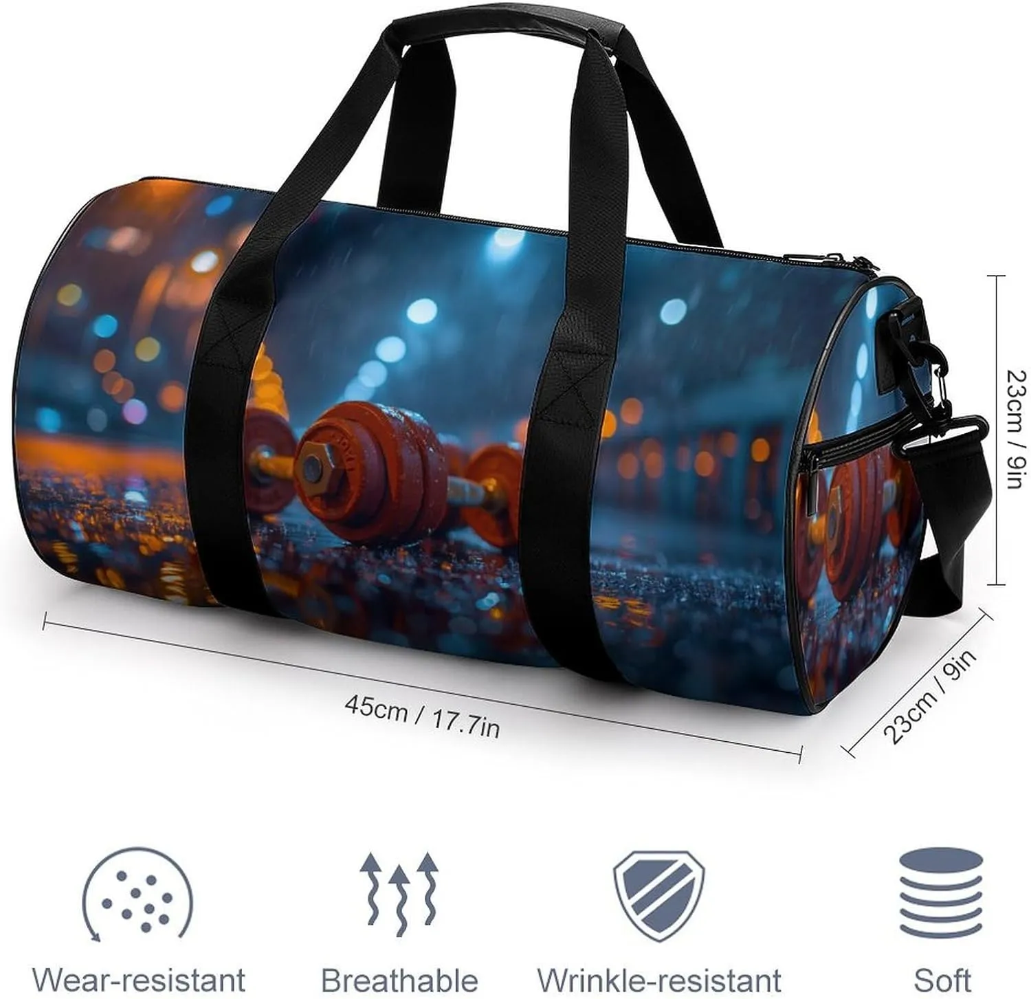 Dumbbells on A Gym Floor Travel Gym Bag for Women Men Sports Cylindrical Duffle Bag Sport Workout Bag with Shoulder Strap