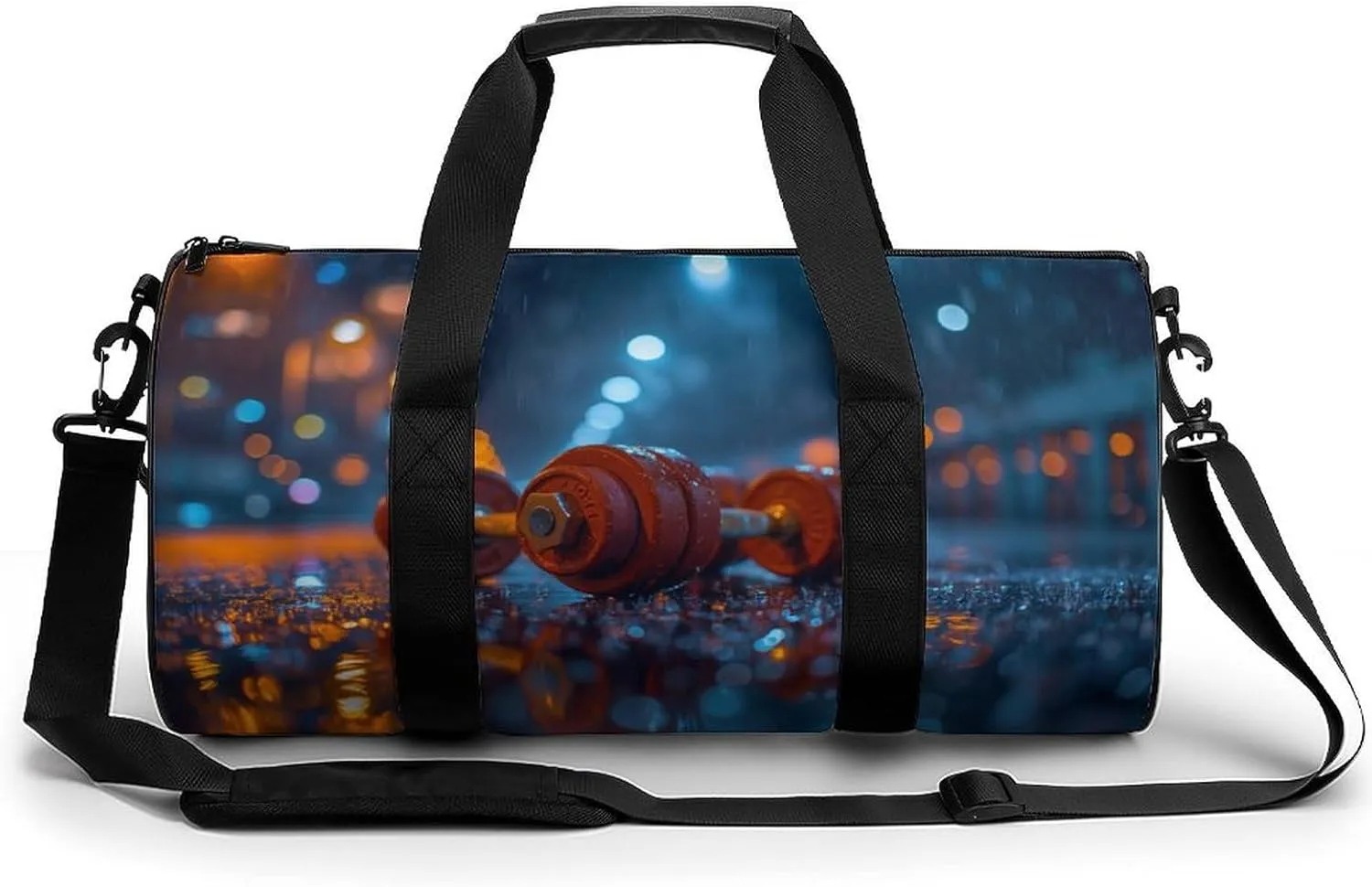 Dumbbells on A Gym Floor Travel Gym Bag for Women Men Sports Cylindrical Duffle Bag Sport Workout Bag with Shoulder Strap