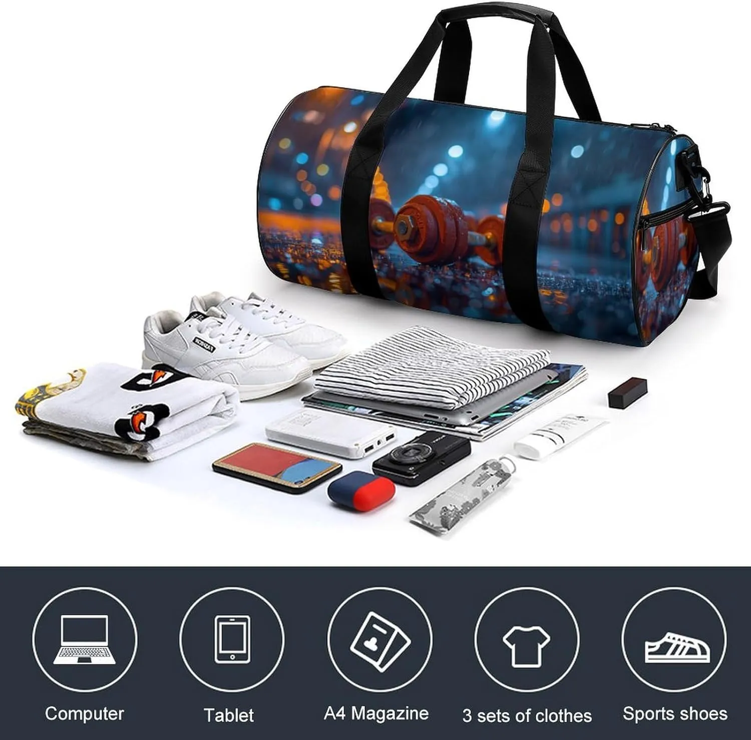 Dumbbells on A Gym Floor Travel Gym Bag for Women Men Sports Cylindrical Duffle Bag Sport Workout Bag with Shoulder Strap