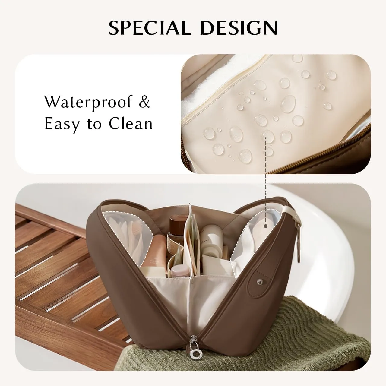 EACHY Toiletry Bag for Women, Large-Capacity Travel Makeup Organizer with Dry & Wet Separation, Portable Cosmetic Bag, Waterproof Design (Brown, L)