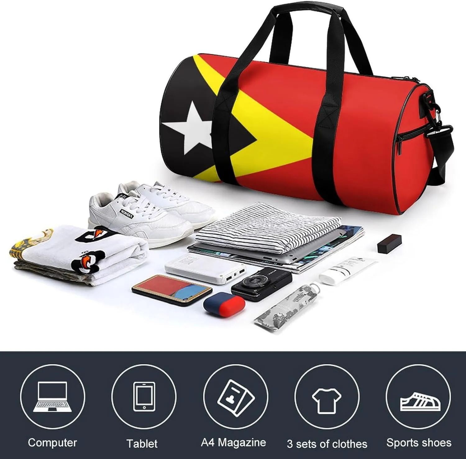 East Timor Flag Waterproof Gym Duffel for Men Women Sports Travel Tote Bag
