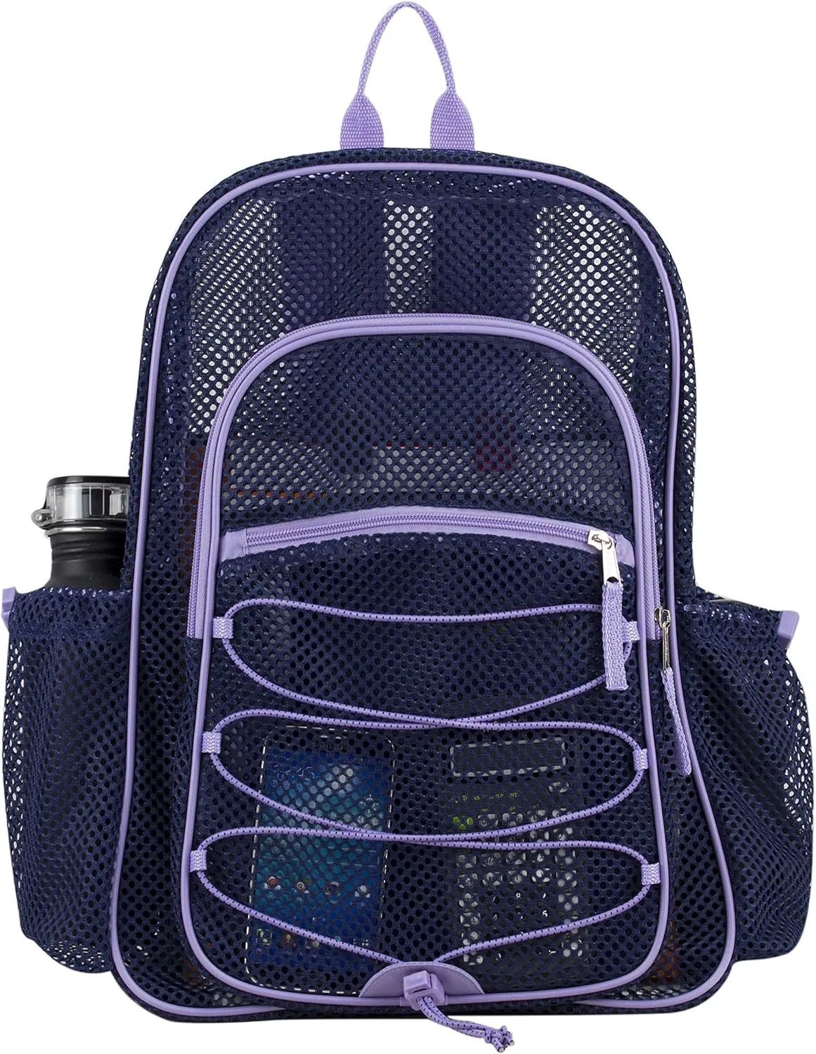 Eastsport Mesh Lightweight Backpack with Adjustable Bungee for Travel, Work, Sports, Beach, College, Security Check, Large Bag 18 inches, Navy Blue w/Purple