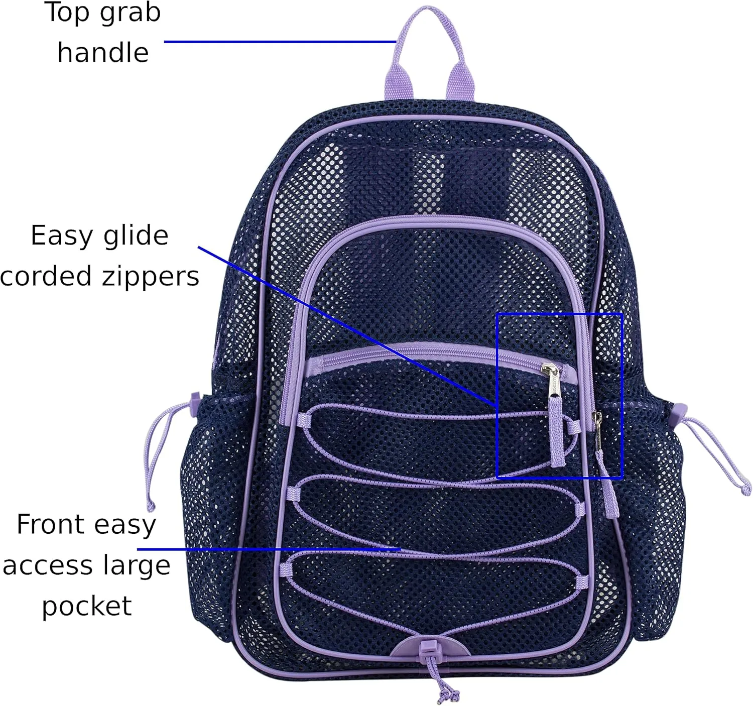 Eastsport Mesh Lightweight Backpack with Adjustable Bungee for Travel, Work, Sports, Beach, College, Security Check, Large Bag 18 inches, Navy Blue w/Purple