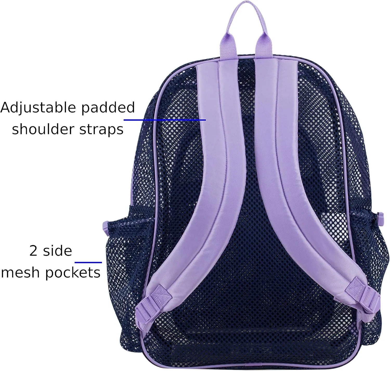 Eastsport Mesh Lightweight Backpack with Adjustable Bungee for Travel, Work, Sports, Beach, College, Security Check, Large Bag 18 inches, Navy Blue w/Purple