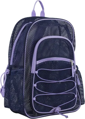 Eastsport Mesh Lightweight Backpack with Adjustable Bungee for Travel, Work, Sports, Beach, College, Security Check, Large Bag 18 inches, Navy Blue w/Purple