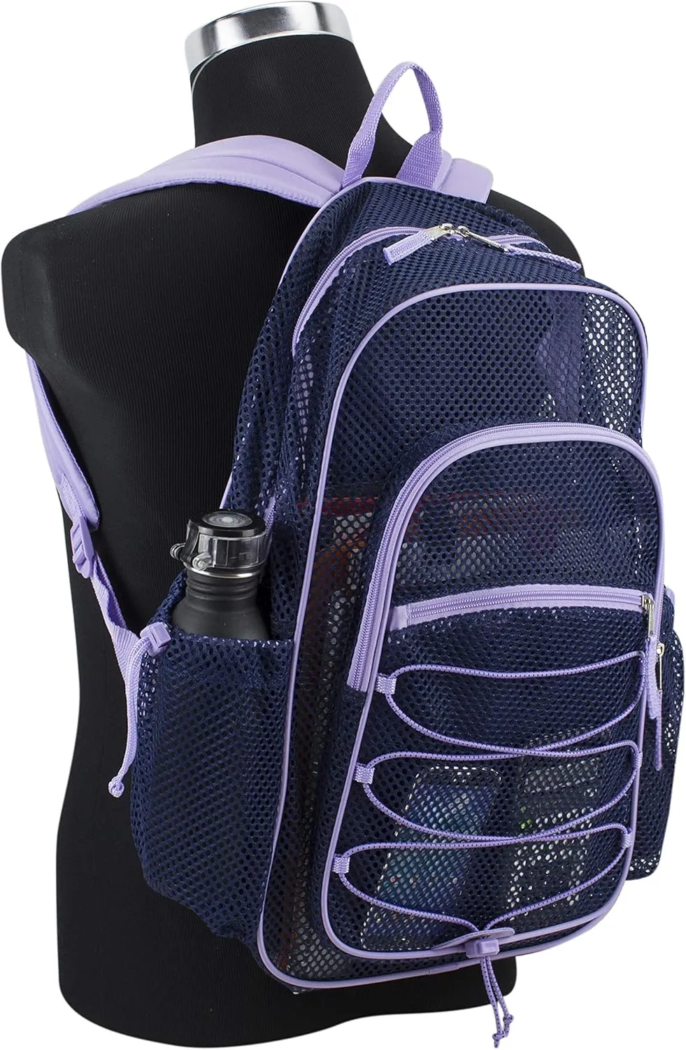 Eastsport Mesh Lightweight Backpack with Adjustable Bungee for Travel, Work, Sports, Beach, College, Security Check, Large Bag 18 inches, Navy Blue w/Purple