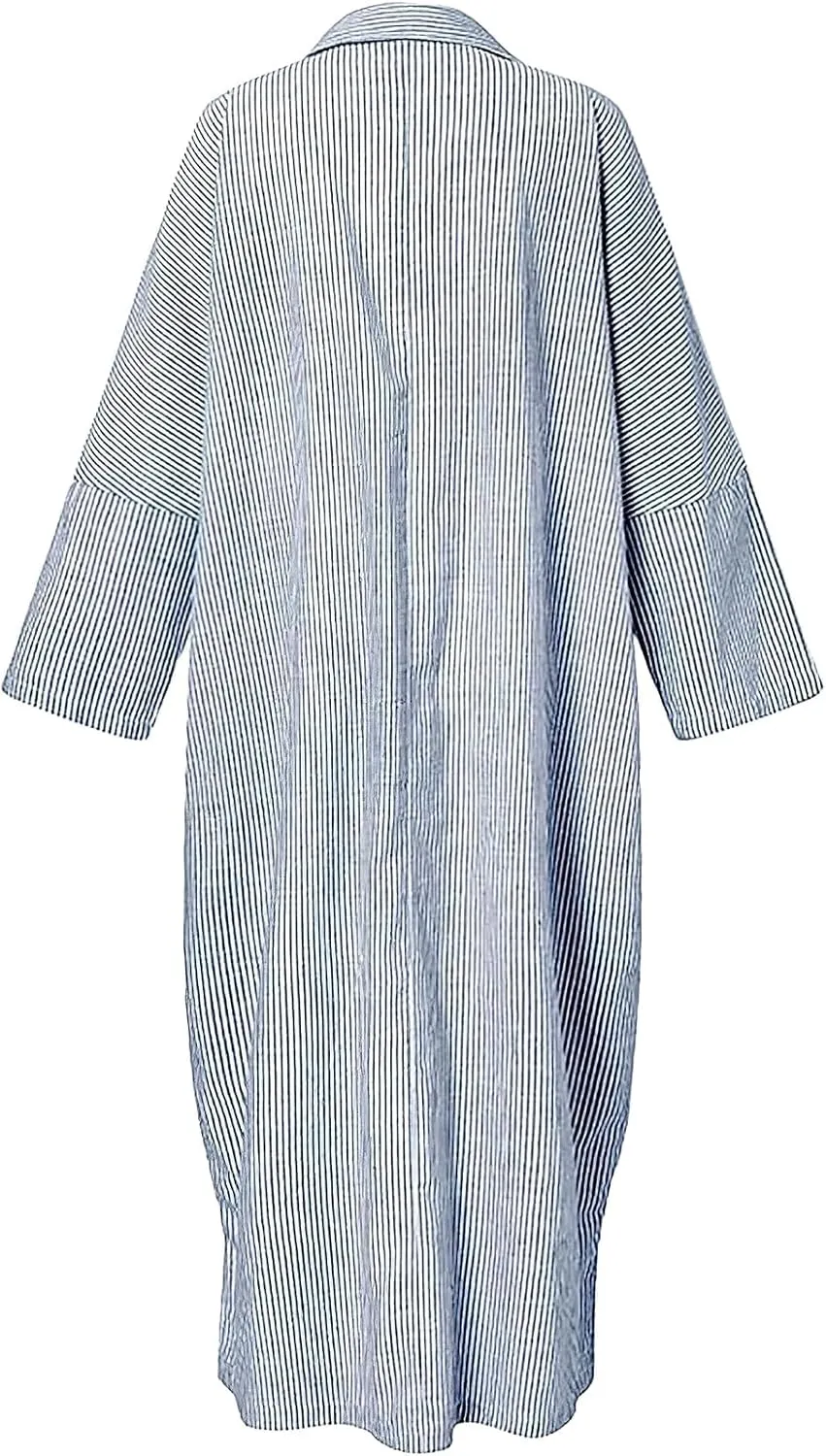 ebossy Women's Casual Stripes Buttoned Long Sleeve Oversized Loose Fit Maxi Shirt Dress Plus Size