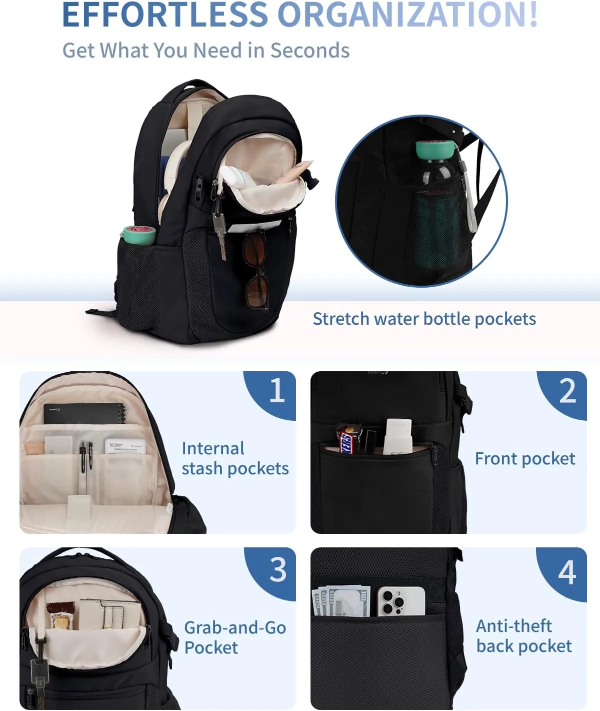 ECOHUB Travel Backpack for Men Women, 17.3 inch Suspended Laptop Backpack, Fashion Water-Resistant College Computer Bookbag, 28L Personal Item Bag with 12 Pockets for Causal, Work, Black