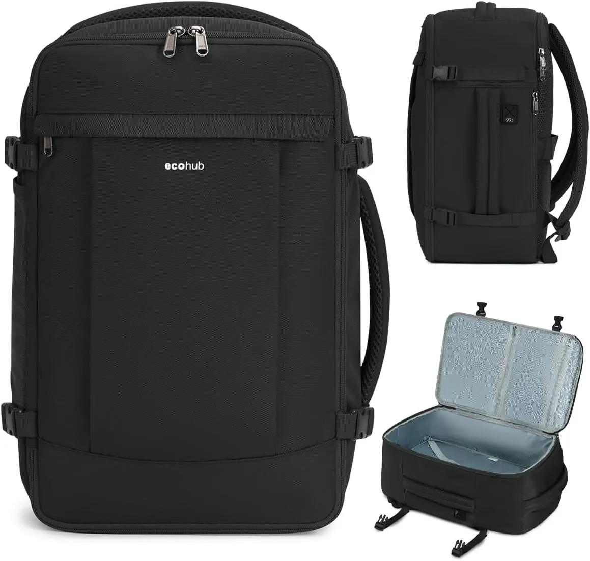 ECOHUB Travel Backpack for Men Women, Carry on Backpack with USB Charging Hole, Spirit Airlines Personal Item Bag Flight Approved, 15.6 Inch Laptop Backpack with Anti Theft Pockets, 30L, Black
