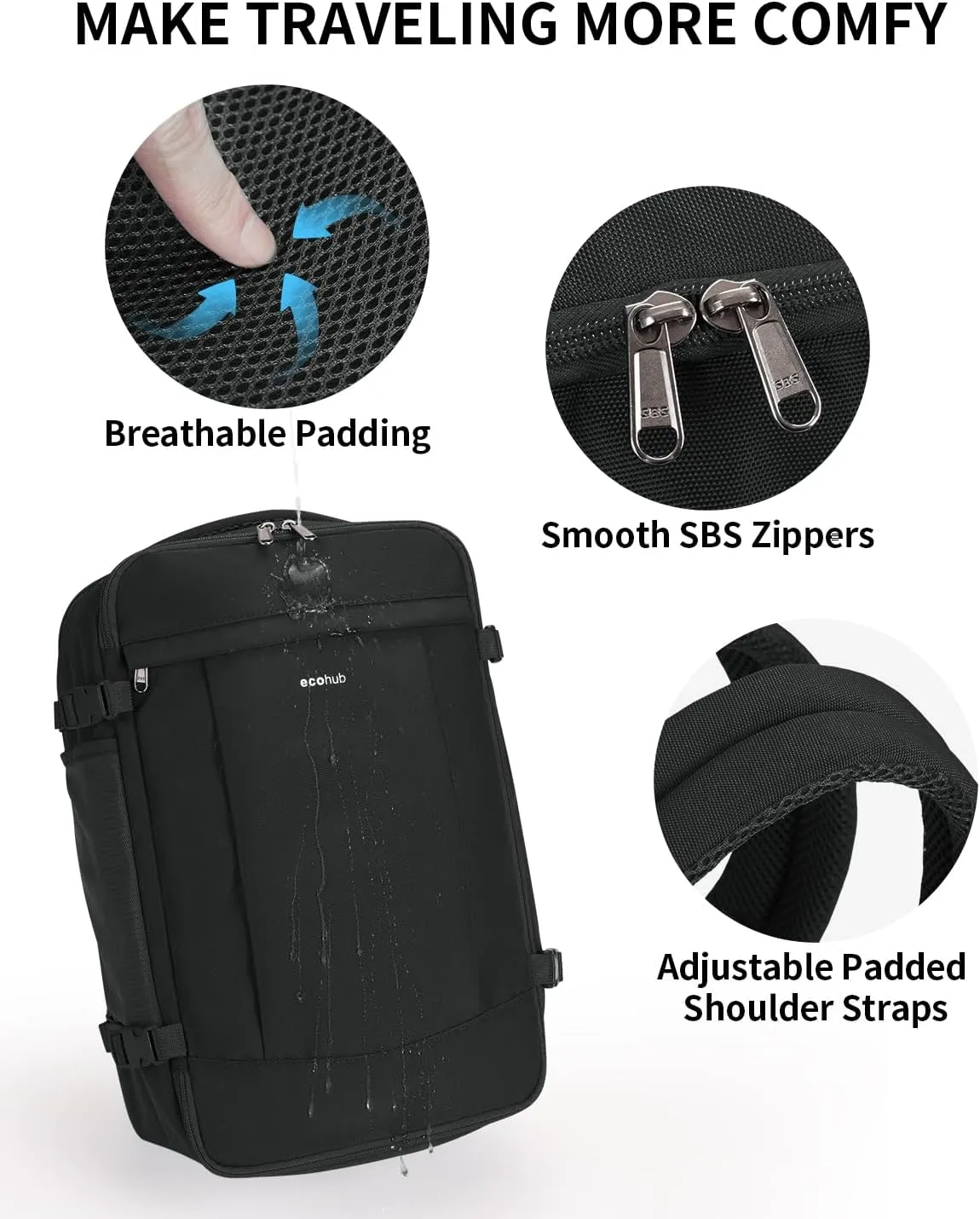 ECOHUB Travel Backpack for Men Women, Carry on Backpack with USB Charging Hole, Spirit Airlines Personal Item Bag Flight Approved, 15.6 Inch Laptop Backpack with Anti Theft Pockets, 30L, Black