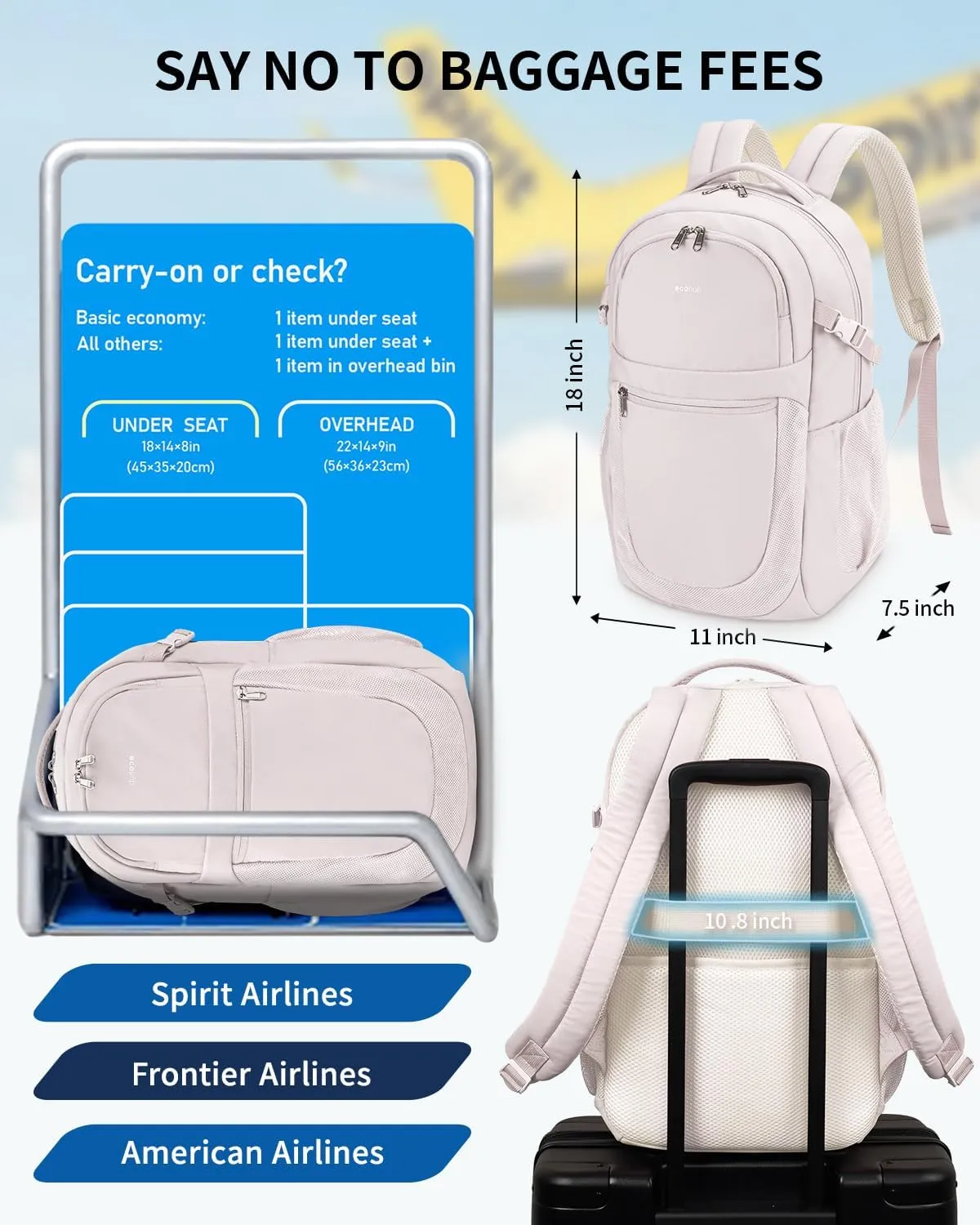ECOHUB Travel Backpack for Women, 17.3 inch Suspended Laptop Backpack, Fashion Water-Resistant College Computer Bookbag, 28L Personal Item Bag with 12 Pockets for Causal, Work, Beige