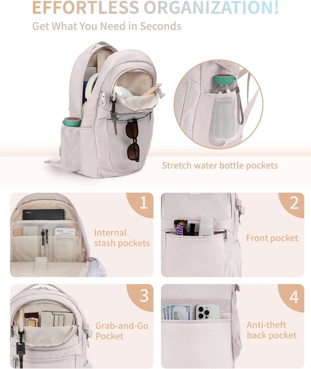 ECOHUB Travel Backpack for Women, 17.3 inch Suspended Laptop Backpack, Fashion Water-Resistant College Computer Bookbag, 28L Personal Item Bag with 12 Pockets for Causal, Work, Beige