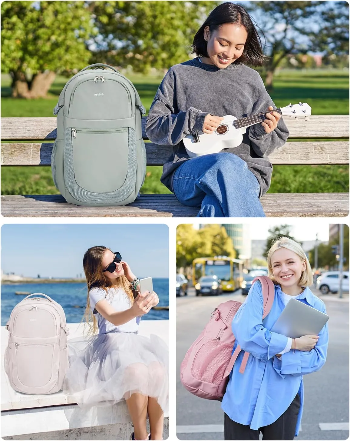 ECOHUB Travel Backpack for Women, 17.3 inch Suspended Laptop Backpack, Fashion Water-Resistant College Computer Bookbag, 28L Personal Item Bag with 12 Pockets for Causal, Work, Beige