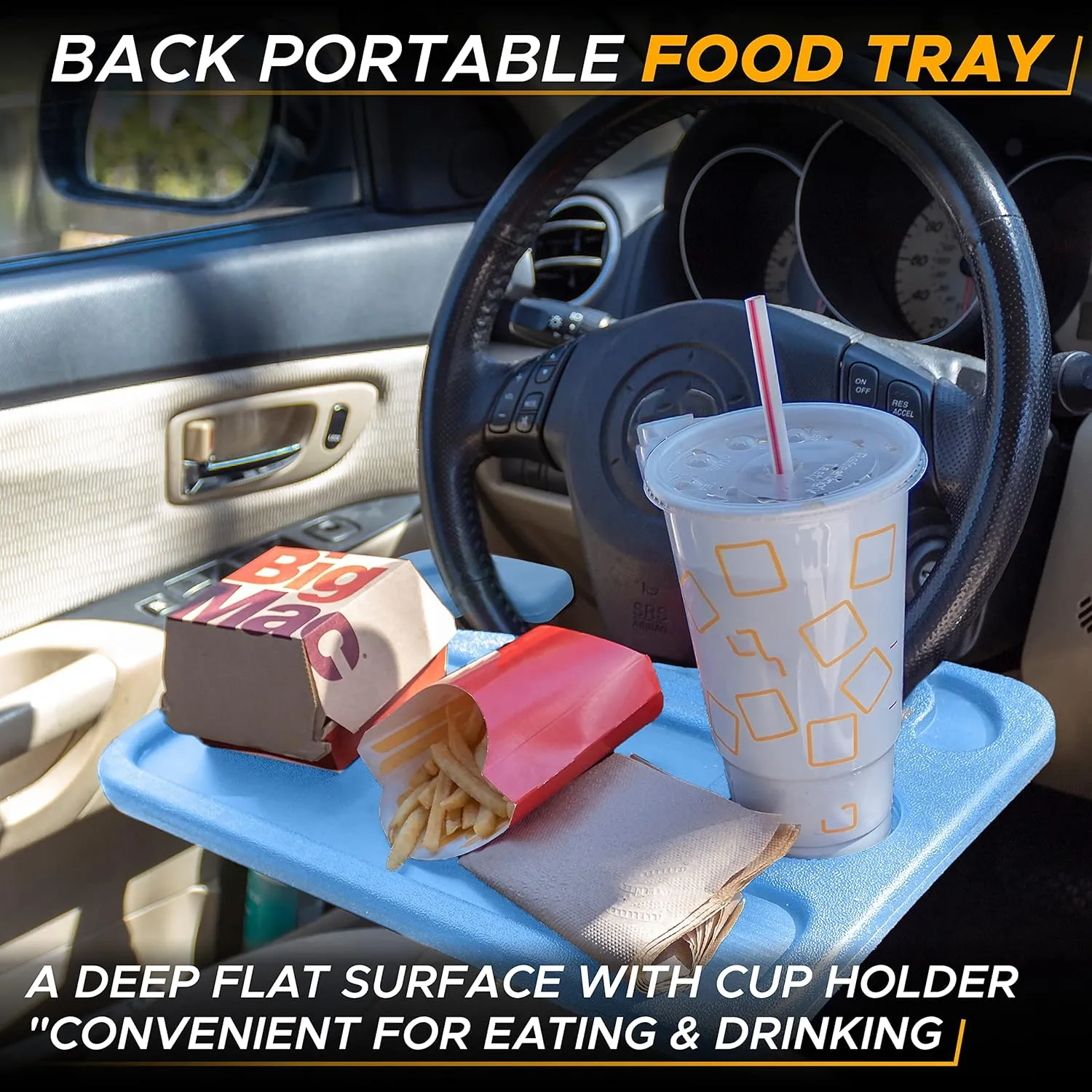 EcoNour 2 in 1 Car Steering Wheel Desk | Steering Wheel Tray for Laptop Car Mount with Pen Holder | Car Food Tray for Eating with Drinks Holder | Multipurpose Travel Car Accessories | Blue