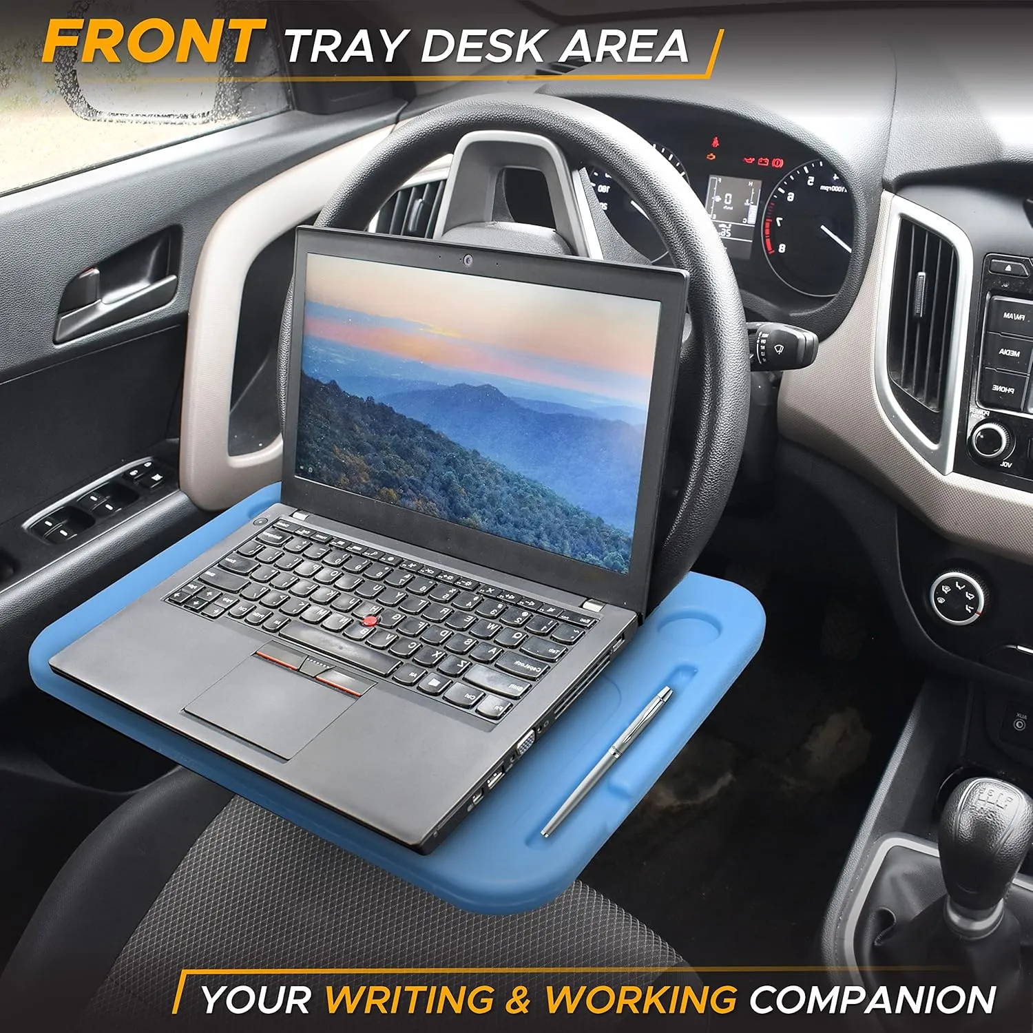 EcoNour 2 in 1 Car Steering Wheel Desk | Steering Wheel Tray for Laptop Car Mount with Pen Holder | Car Food Tray for Eating with Drinks Holder | Multipurpose Travel Car Accessories | Blue