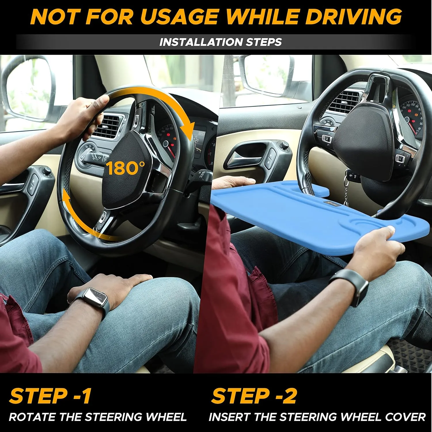 EcoNour 2 in 1 Car Steering Wheel Desk | Steering Wheel Tray for Laptop Car Mount with Pen Holder | Car Food Tray for Eating with Drinks Holder | Multipurpose Travel Car Accessories | Blue