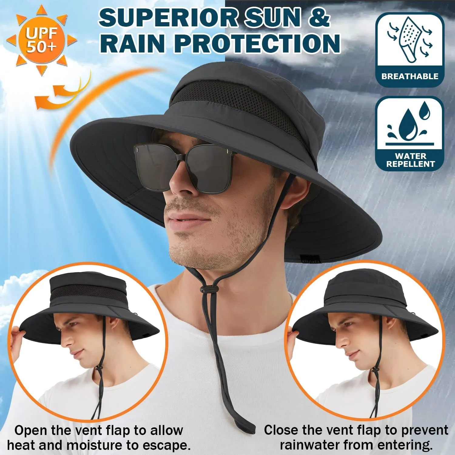 EINSKEY Waterproof Sun Hat for Men Women, UPF 50  UV Protection Wide Brim Packable Hat for Fishing Hiking Garden Safari Beach