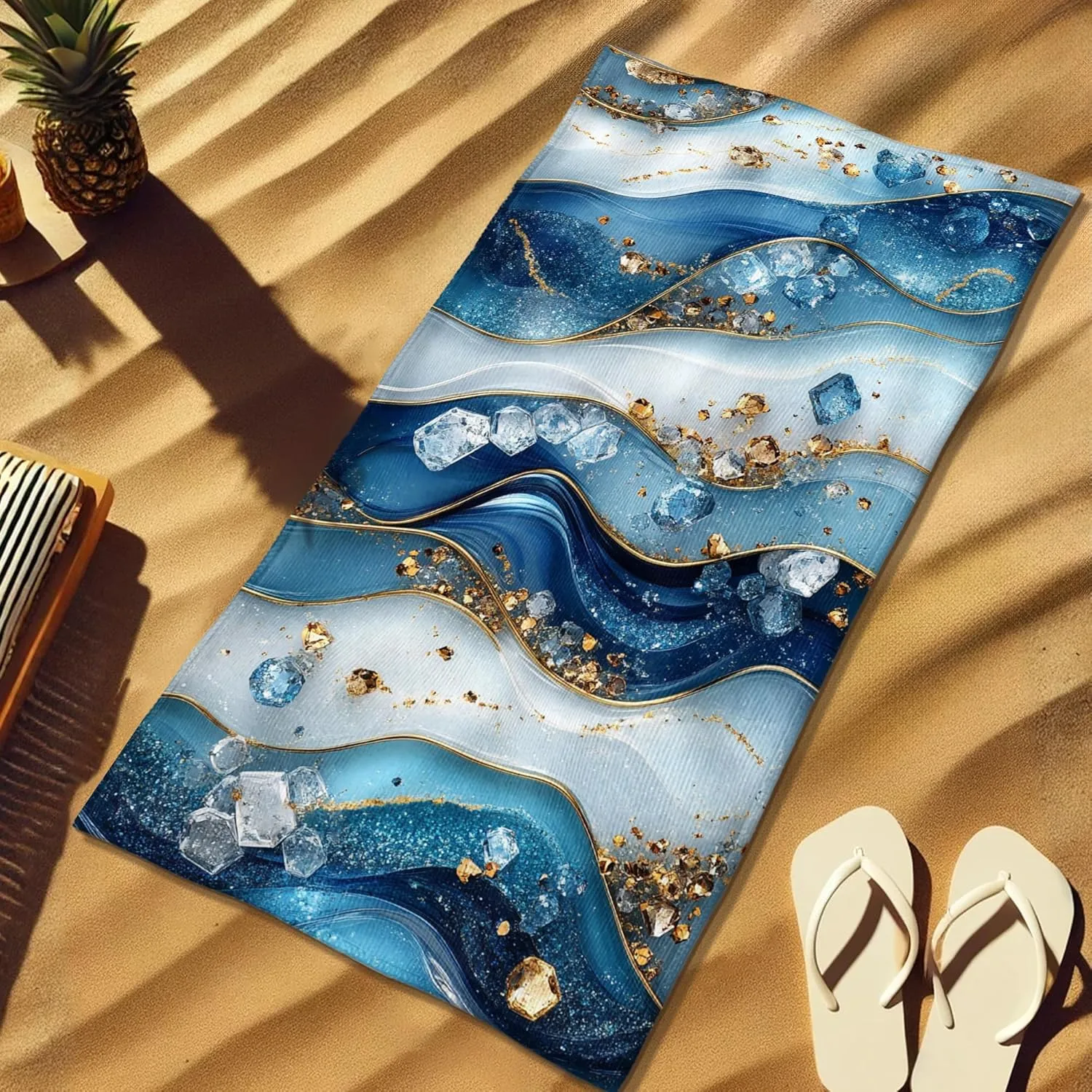 Elegant Blue Marble Beach Towel Stylish Ocean Wave Design Quick Dry Absorbent Sand Free Light Soft Travel Picnic Essentials 62x31 Inch
