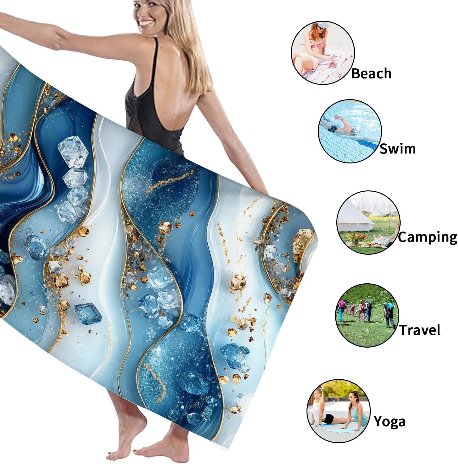 Elegant Blue Marble Beach Towel Stylish Ocean Wave Design Quick Dry Absorbent Sand Free Light Soft Travel Picnic Essentials 62x31 Inch