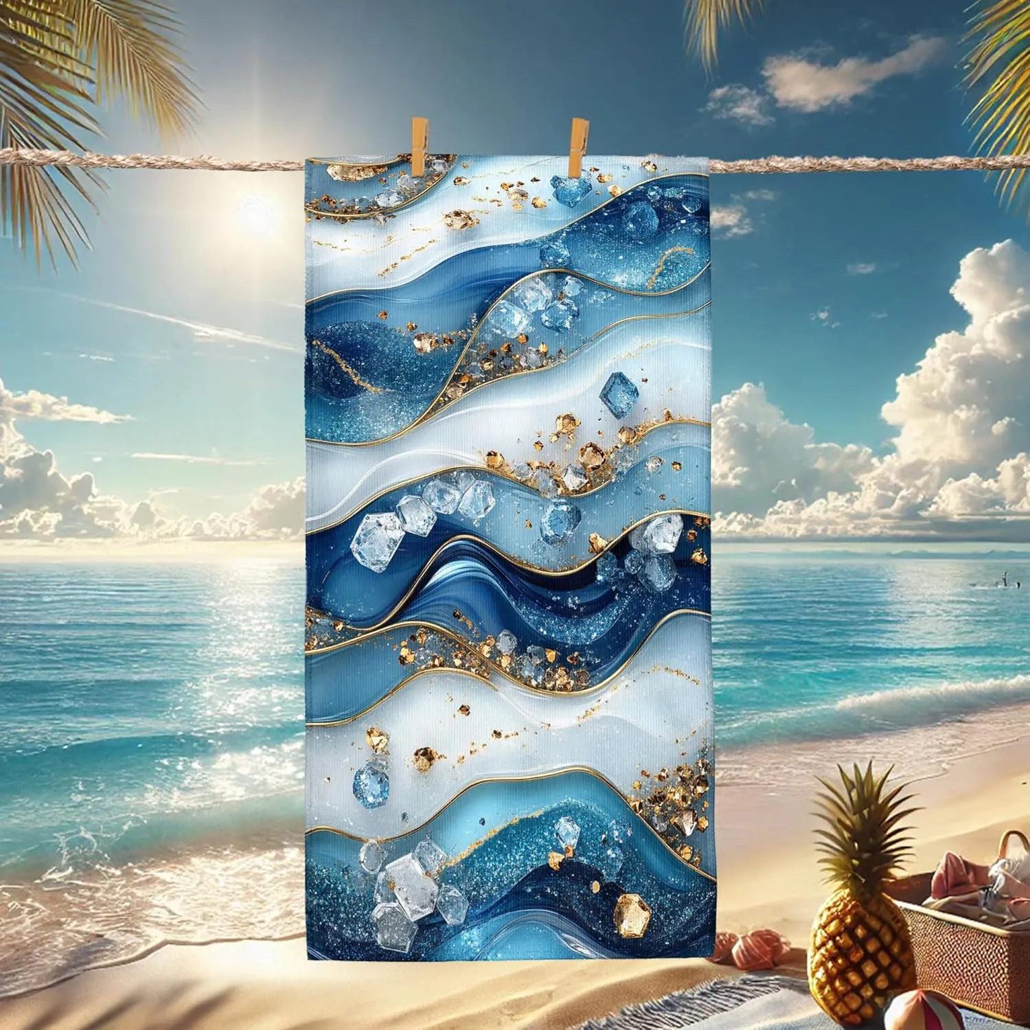 Elegant Blue Marble Beach Towel Stylish Ocean Wave Design Quick Dry Absorbent Sand Free Light Soft Travel Picnic Essentials 62x31 Inch