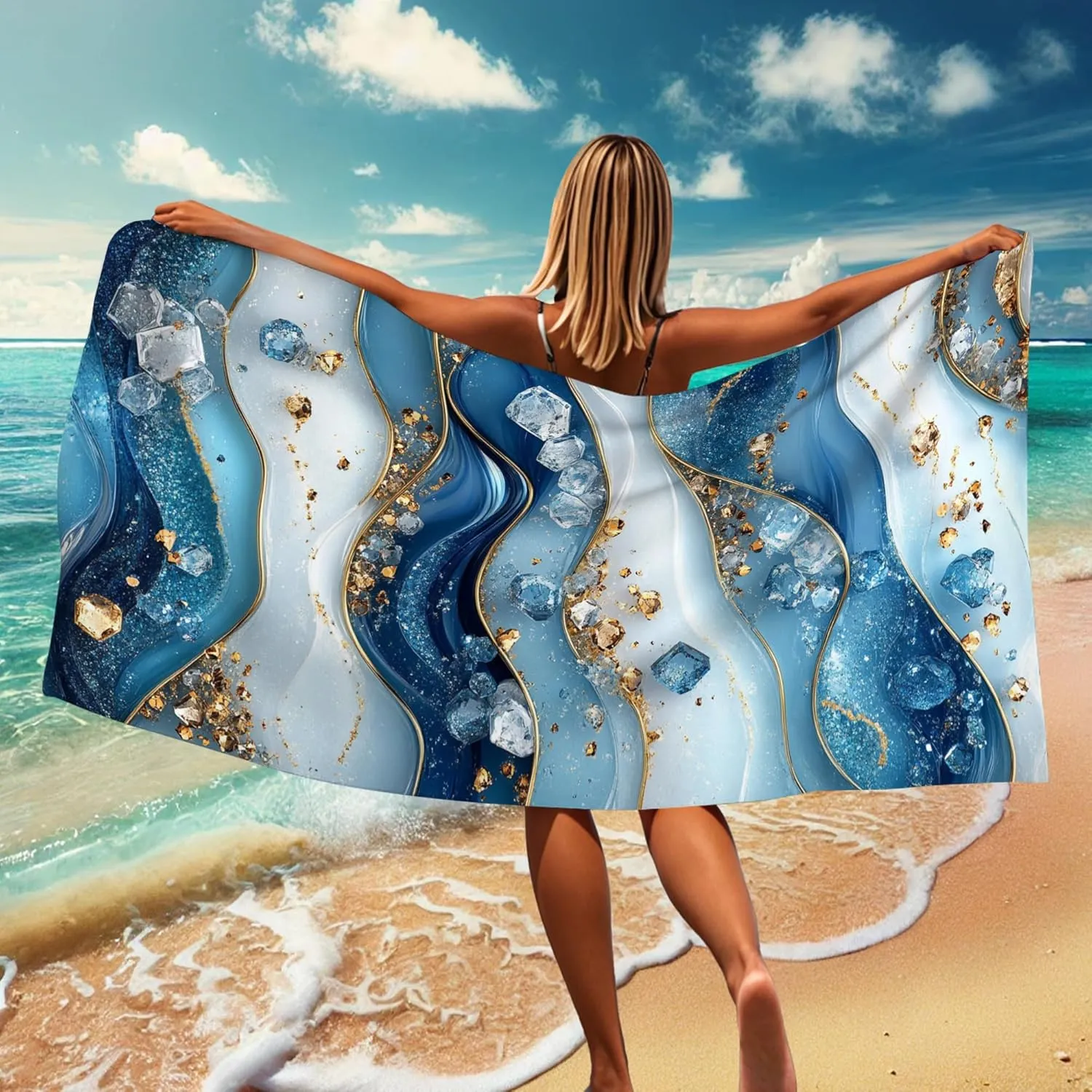 Elegant Blue Marble Beach Towel Stylish Ocean Wave Design Quick Dry Absorbent Sand Free Light Soft Travel Picnic Essentials 62x31 Inch