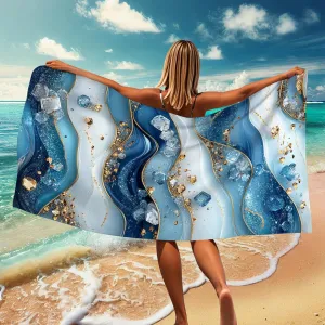 Elegant Blue Marble Beach Towel Stylish Ocean Wave Design Quick Dry Absorbent Sand Free Light Soft Travel Picnic Essentials 62x31 Inch