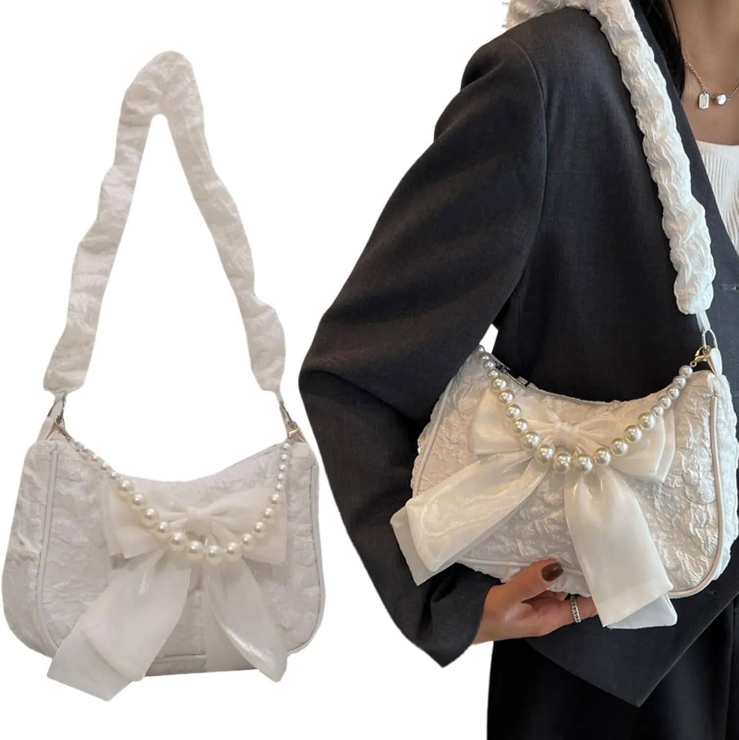 Elegant Lace Pleated Bag for Women Stylish Handbag with Bow Detailing Fashionable Nylon Shoulder Bag Female Purse