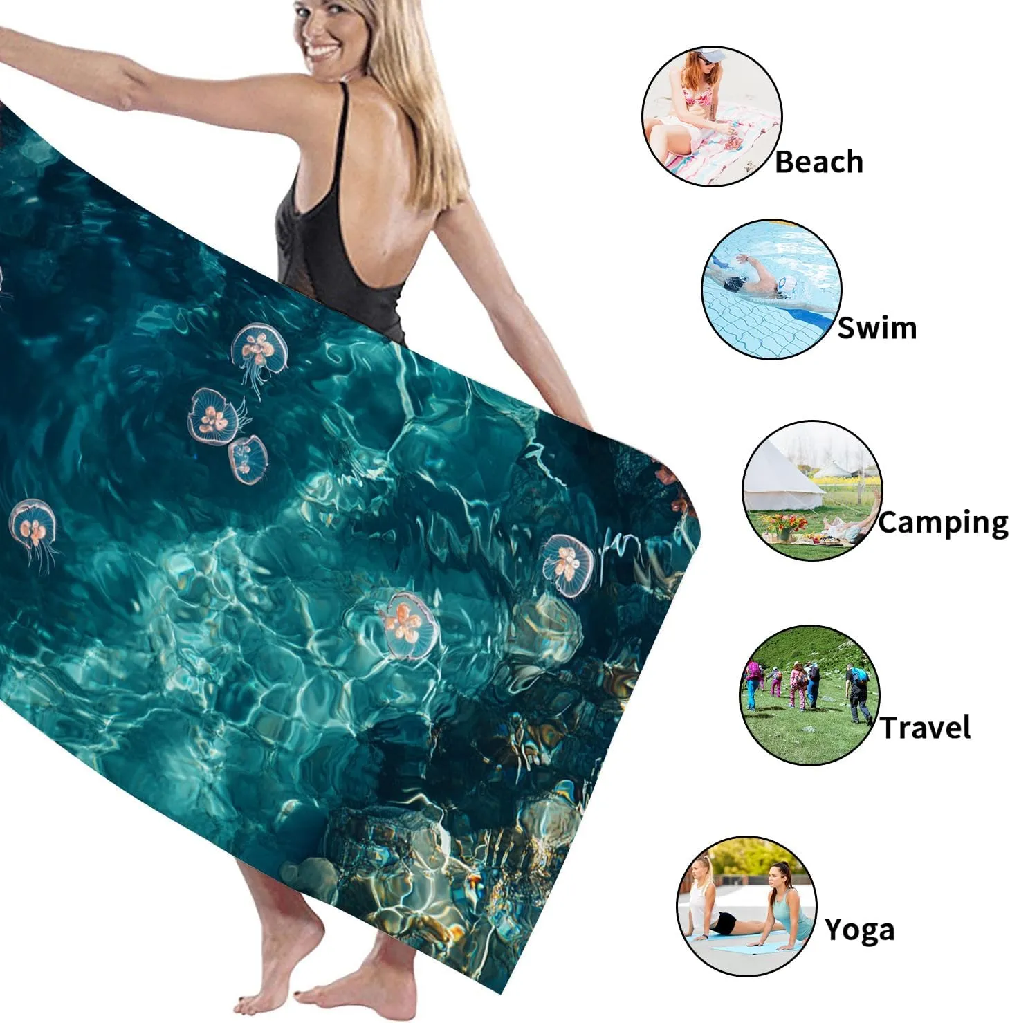 Elegant Ocean Blue Beach Towel Microfiber Quick Dry Absorbent Soft Sand Free Lightweight Beach Blanket, Outdoor Travel Picnic Essentials 70x35 Inch