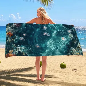 Elegant Ocean Blue Beach Towel Microfiber Quick Dry Absorbent Soft Sand Free Lightweight Beach Blanket, Outdoor Travel Picnic Essentials 70x35 Inch