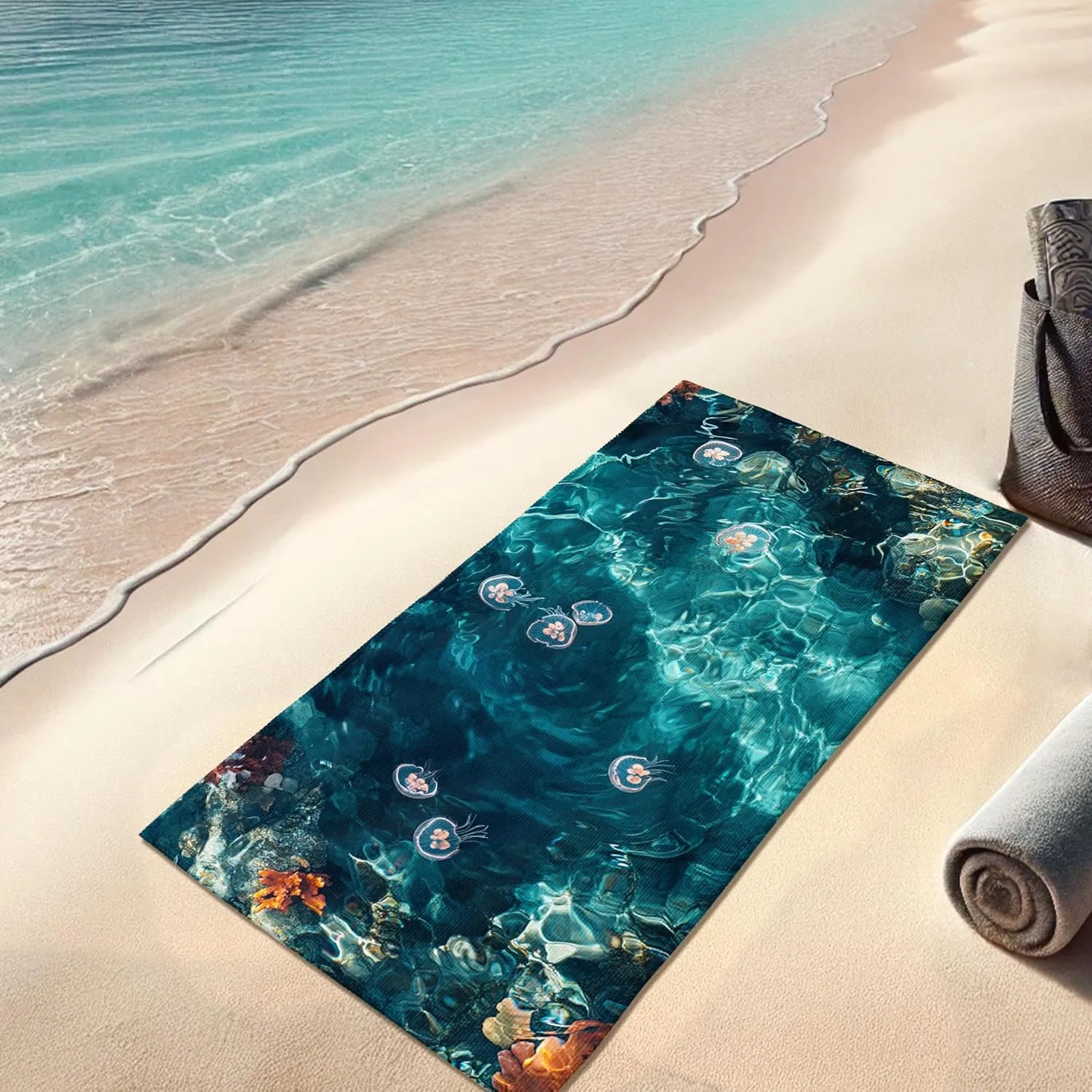 Elegant Ocean Blue Beach Towel Microfiber Quick Dry Absorbent Soft Sand Free Lightweight Beach Blanket, Outdoor Travel Picnic Essentials 70x35 Inch