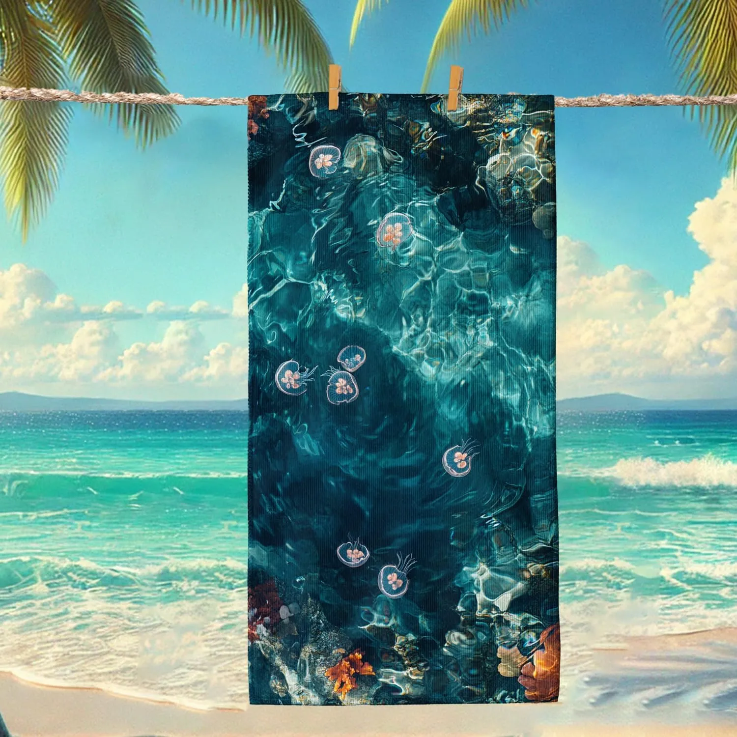 Elegant Ocean Blue Beach Towel Microfiber Quick Dry Absorbent Soft Sand Free Lightweight Beach Blanket, Outdoor Travel Picnic Essentials 70x35 Inch