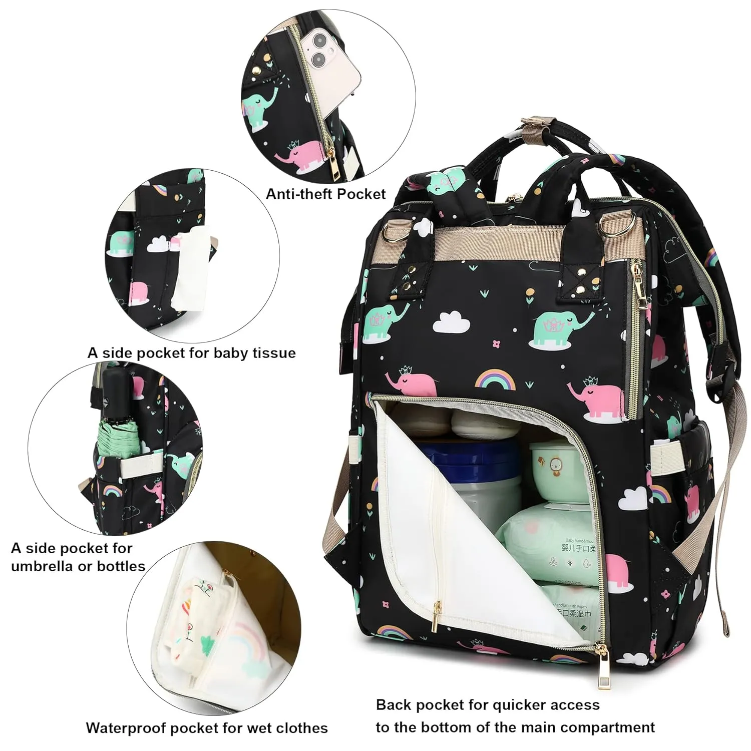 Elephant Diaper Bag Backpack for Baby Boys Girls, Waterproof Large Nappy Bags for Mom & Dad