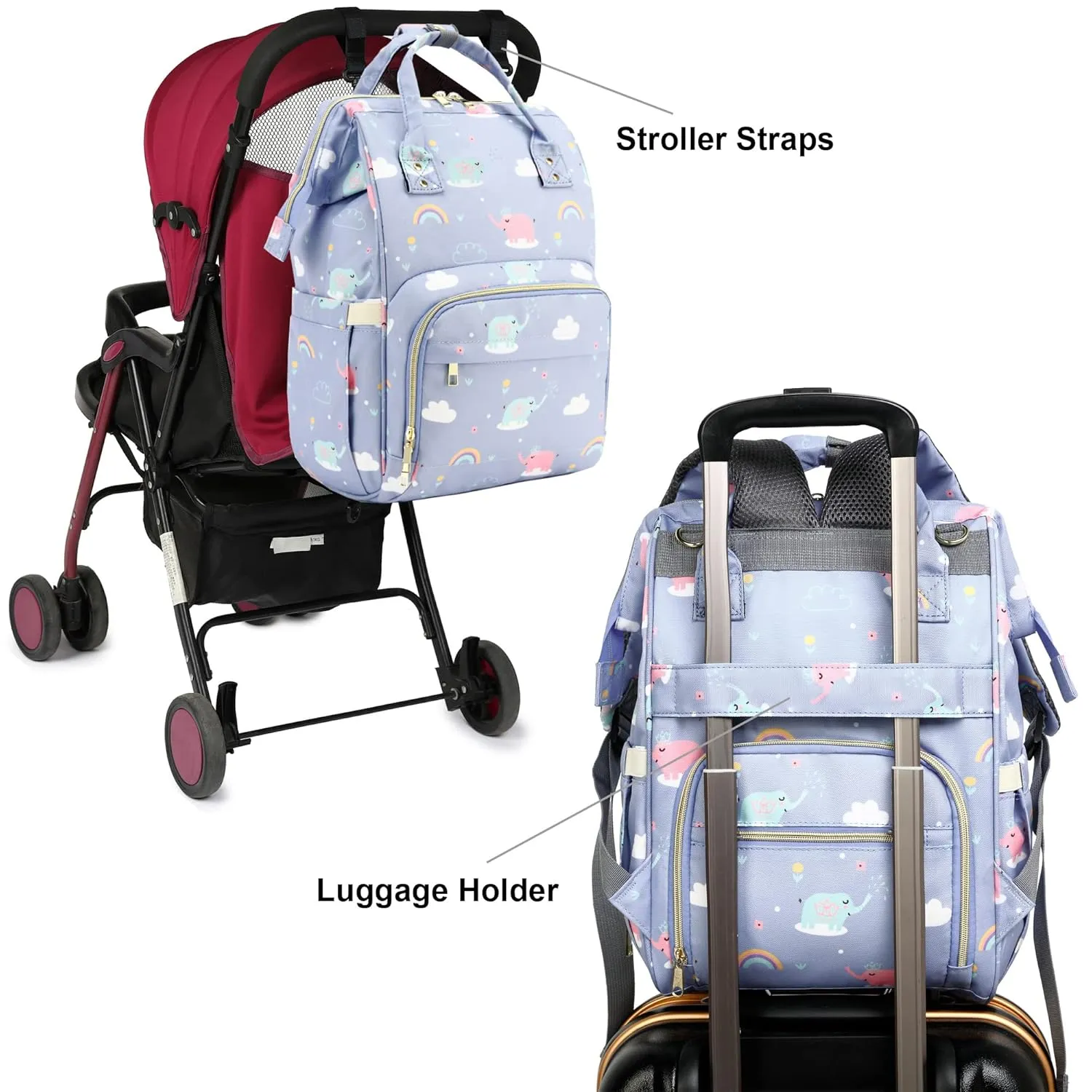 Elephant Diaper Bag Backpack for Baby Girls, Mom Waterproof Large Nappy Bags for Women