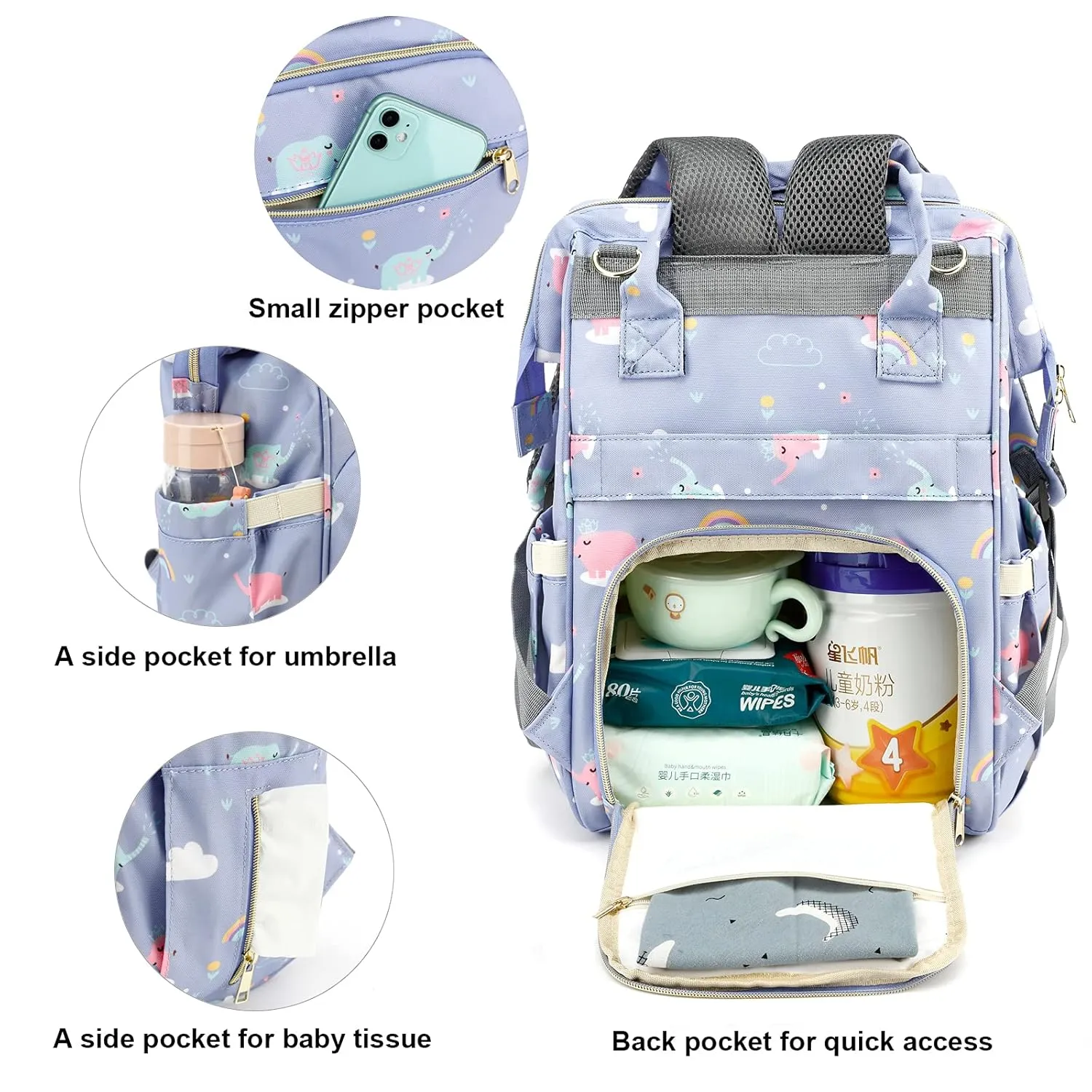 Elephant Diaper Bag Backpack for Baby Girls, Mom Waterproof Large Nappy Bags for Women