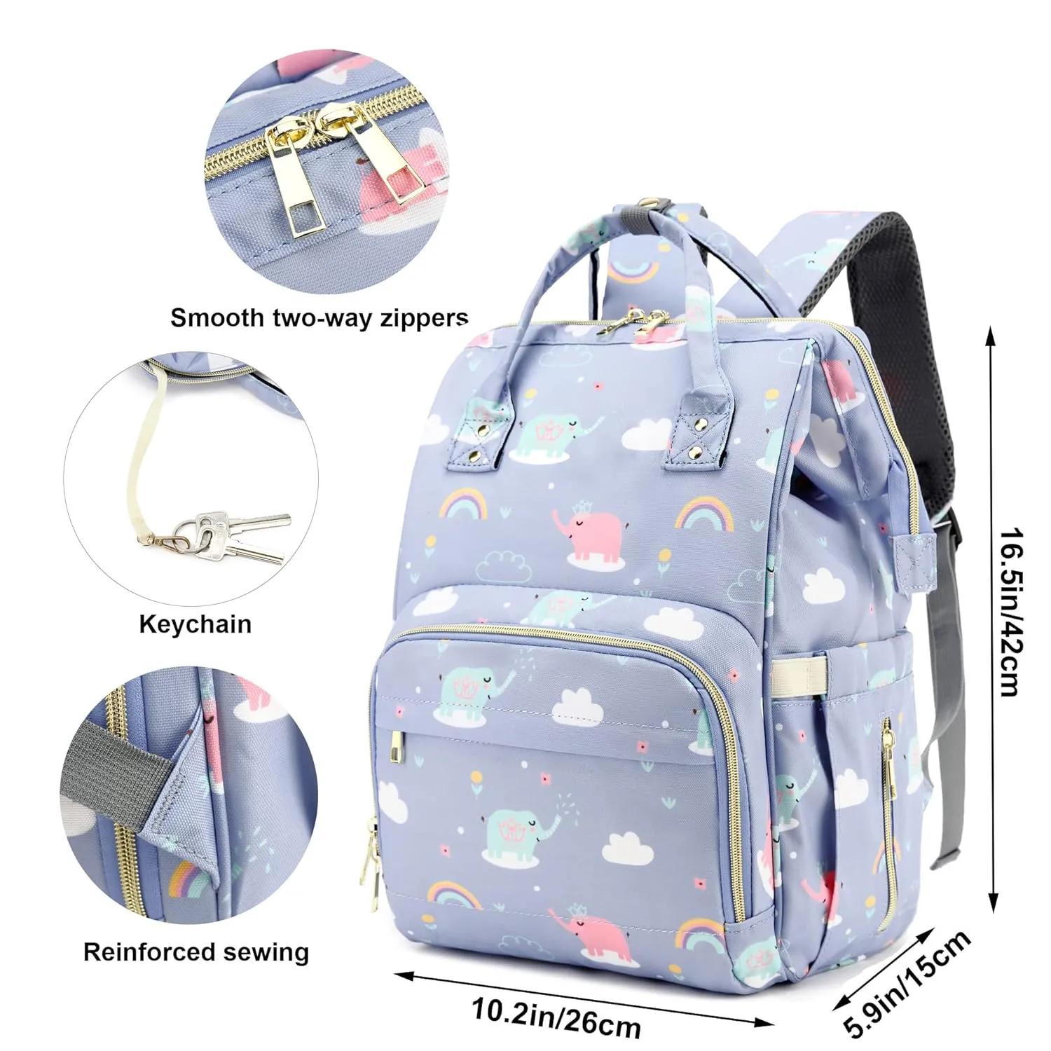 Elephant Diaper Bag Backpack for Baby Girls, Mom Waterproof Large Nappy Bags for Women