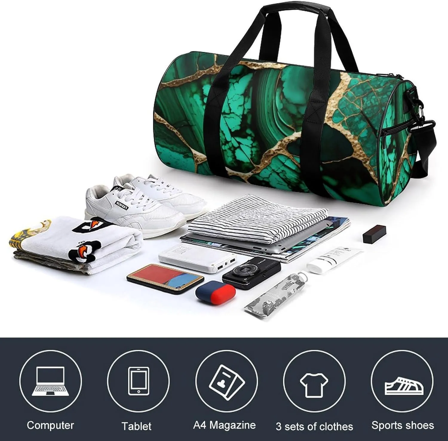 Emerald Green Marbled Gold Glitters Green Marble Large Capacity Cylindrical Fitness Bag, Hand-held Fitness Bag