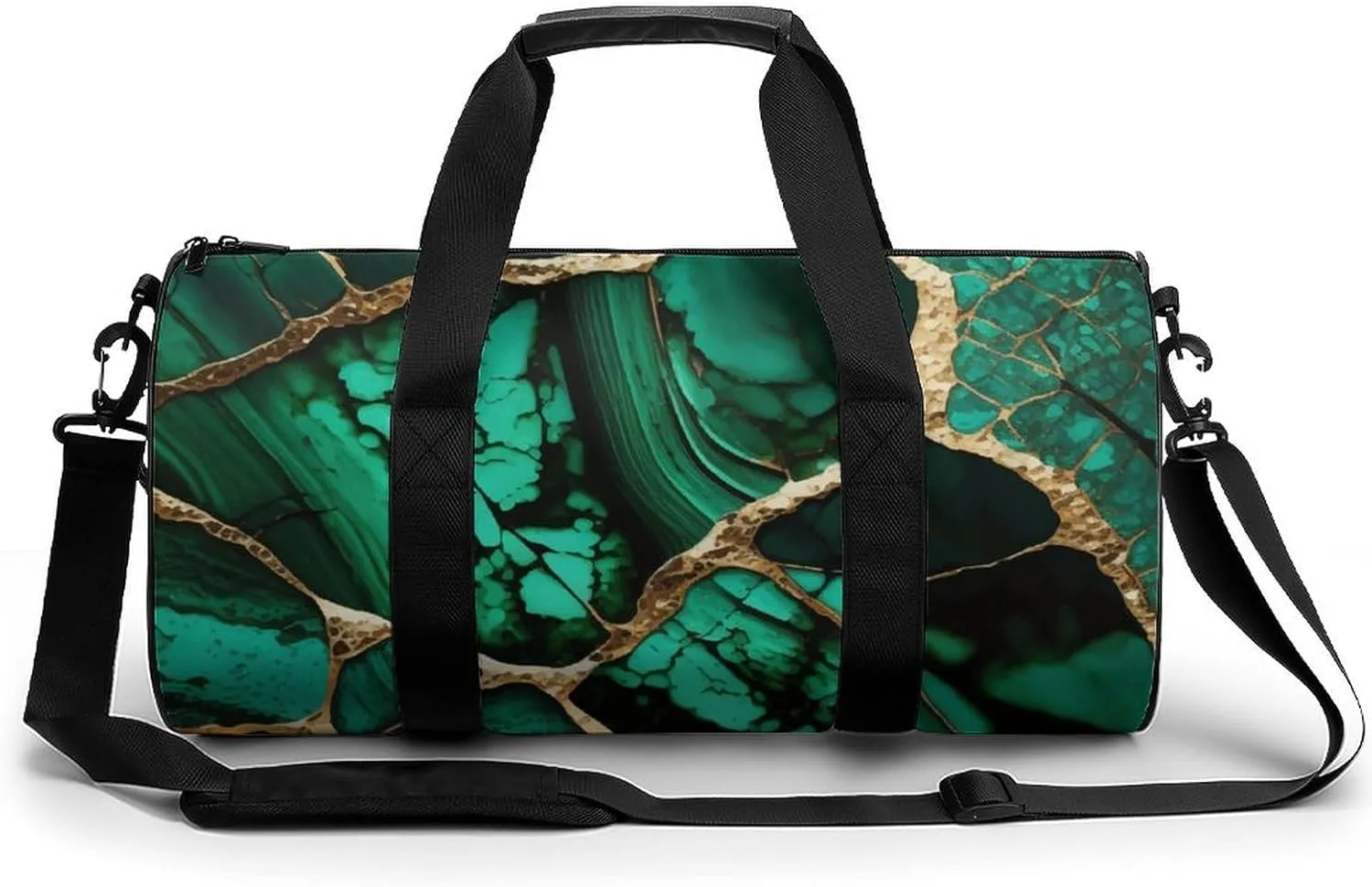 Emerald Green Marbled Gold Glitters Green Marble Large Capacity Cylindrical Fitness Bag, Hand-held Fitness Bag