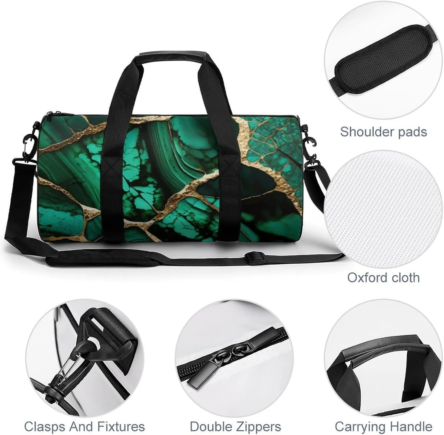 Emerald Green Marbled Gold Glitters Green Marble Large Capacity Cylindrical Fitness Bag, Hand-held Fitness Bag