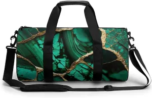 Emerald Green Marbled Gold Glitters Green Marble Large Capacity Cylindrical Fitness Bag, Hand-held Fitness Bag