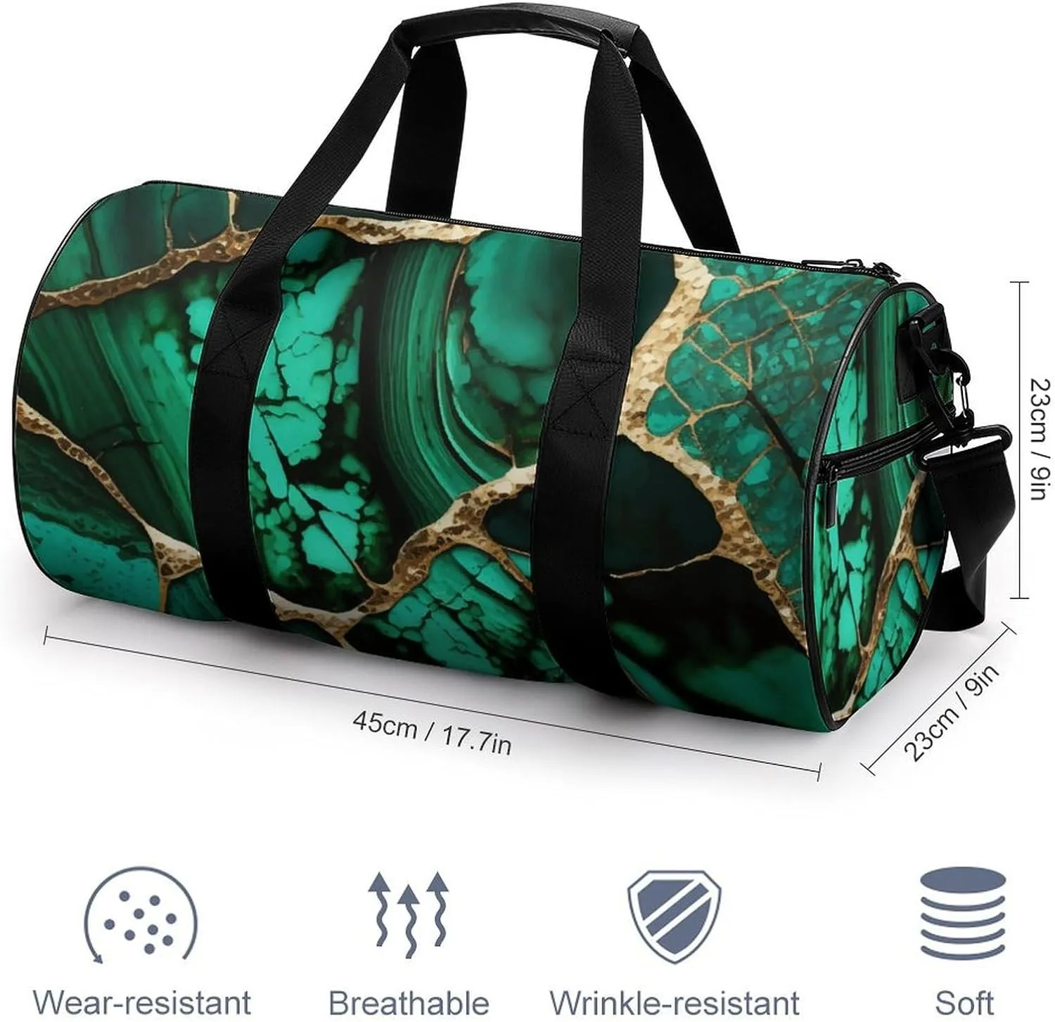 Emerald Green Marbled Gold Glitters Green Marble Large Capacity Cylindrical Fitness Bag, Hand-held Fitness Bag